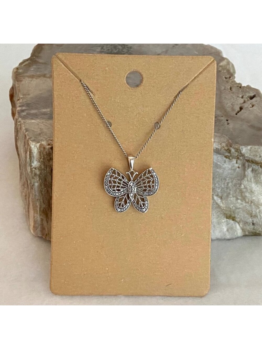 Sterling Silver 925 Pierced Diamond Butterfly Pendant Necklace 17" Dainty Chain